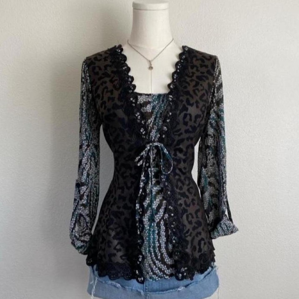 Vintage Alberto Makali Lace Trim Animal Print Tie Blouse Mob Wife Whimsigoth